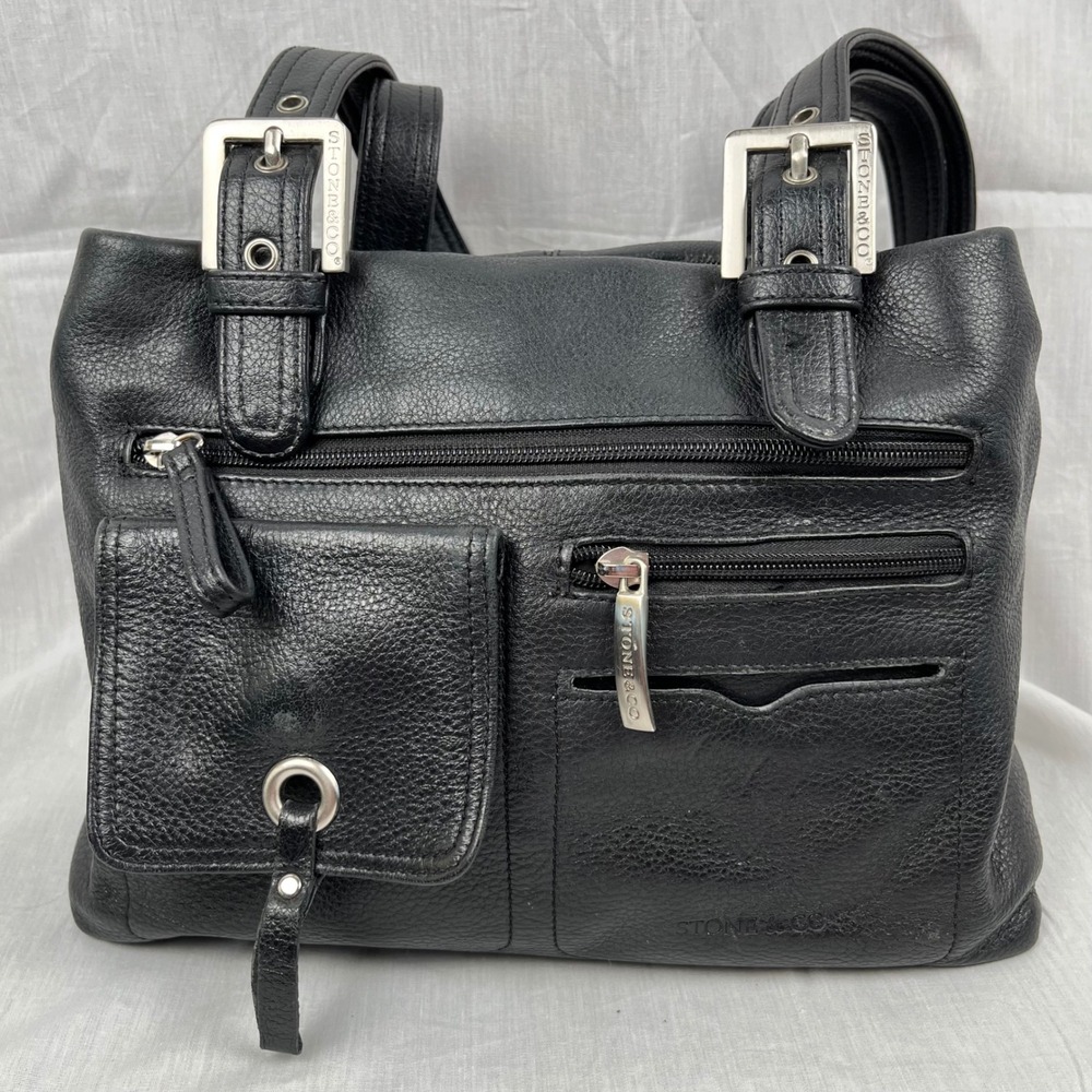 STONE &‎ CO Black Leather Shoulder Bag Purse Lined Good Condition